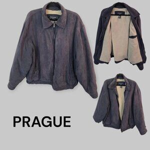 Vintage Prague Leather Suede Gray Bomber Full Zip Jacket Mens XL